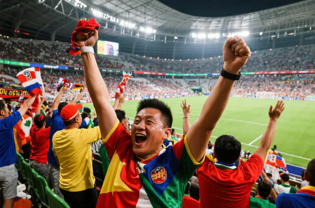亚洲球迷在体育场为世界杯欢呼，色彩鲜明
