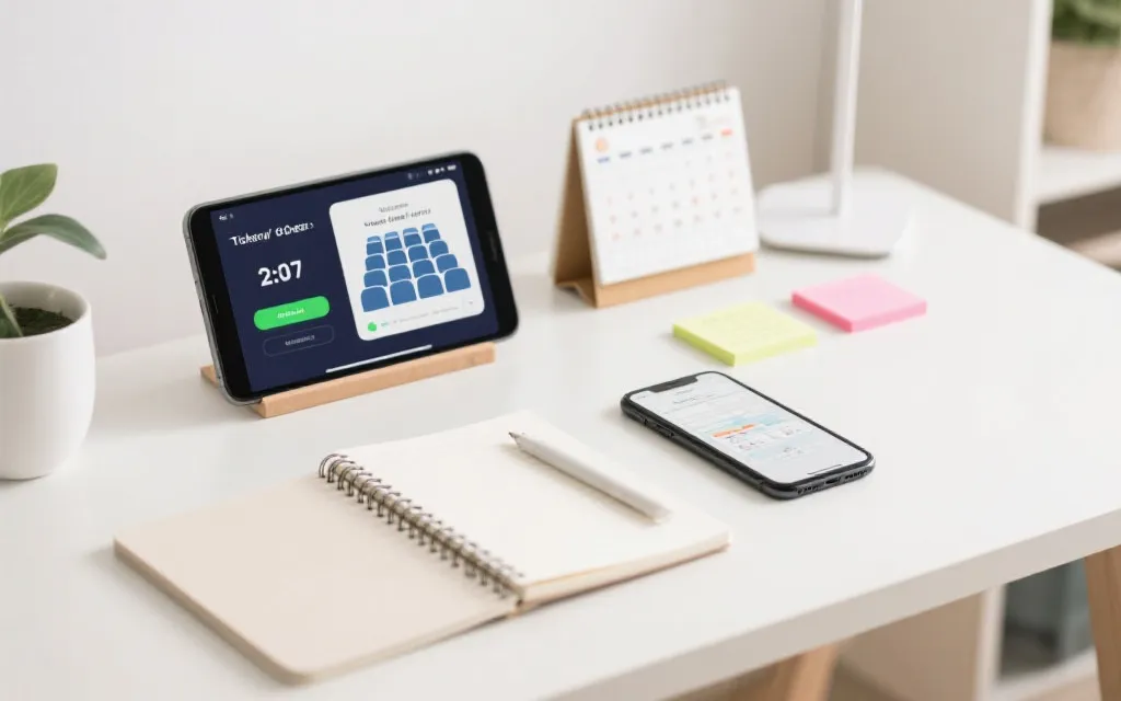 手机与笔记本上显示购票倒计时页面的抢票准备场景