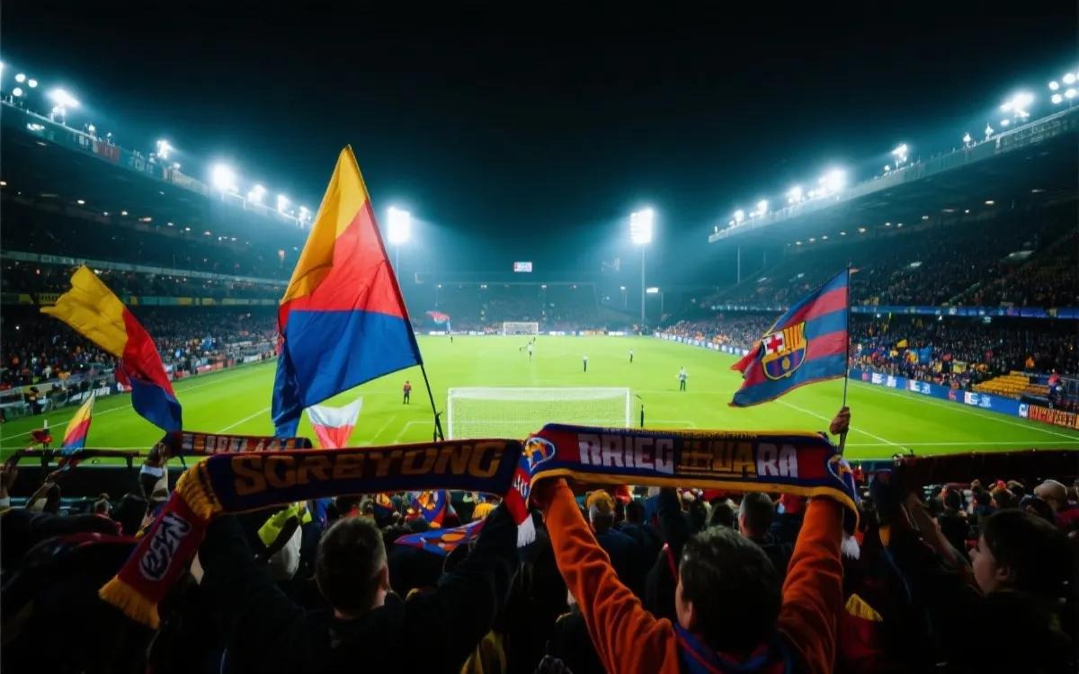 世界杯夜场比赛氛围，灯光照亮看台与球迷旗帜的示意