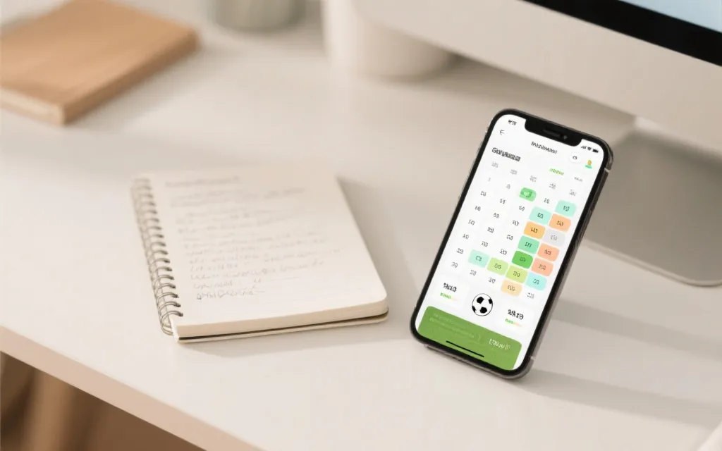 手机上显示赛程与数据面板,旁边放着笔记本记录观赛要点